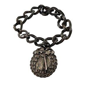 NAPIER STERLING SILVER PLATED CHAIN‎ LINK BRACELET & CLOCK DANGLE CHARM VINTAGE